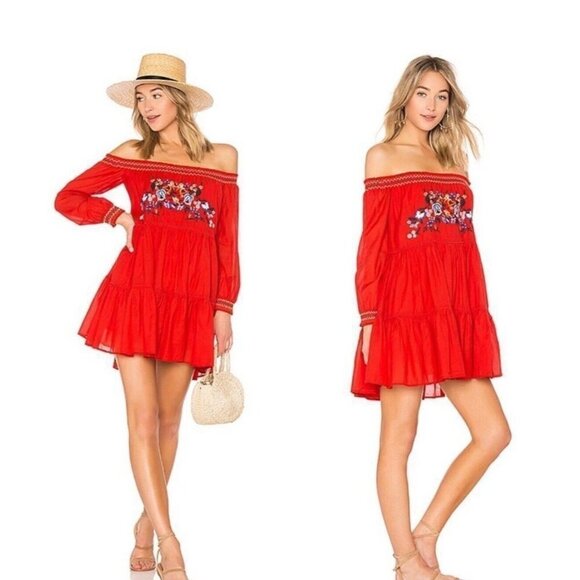 NEW! Free People Sunbeams Off the ShoulderDress Embroidered Boho Red SZ M - Picture 8 of 16